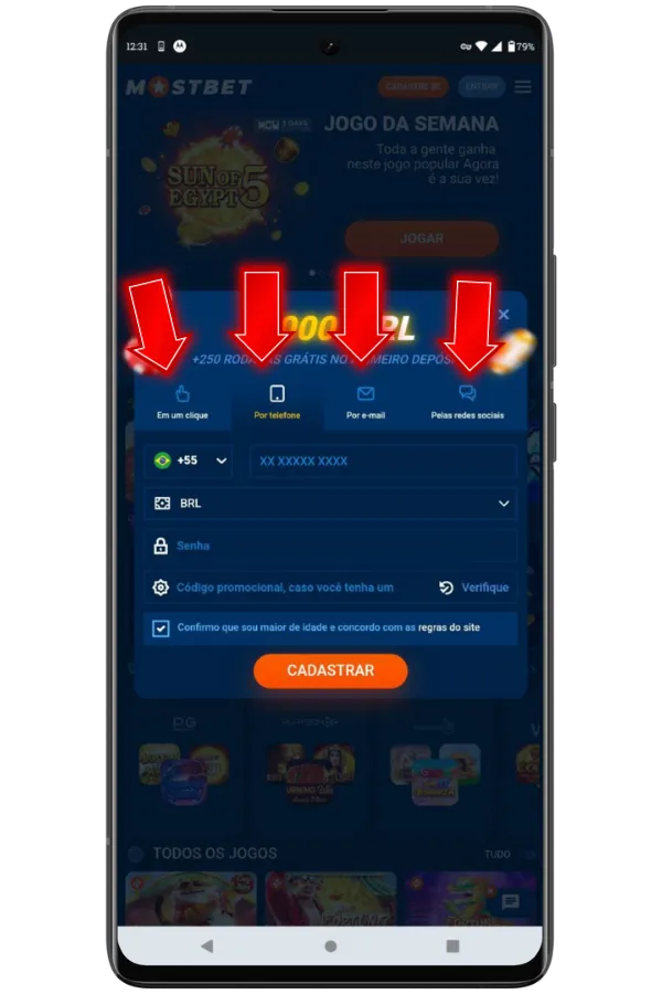 Escolha um método de registro na Mostbet