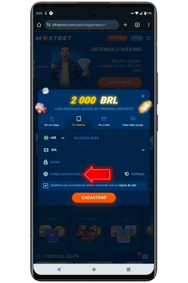 Insira o código promocional da Mostbet